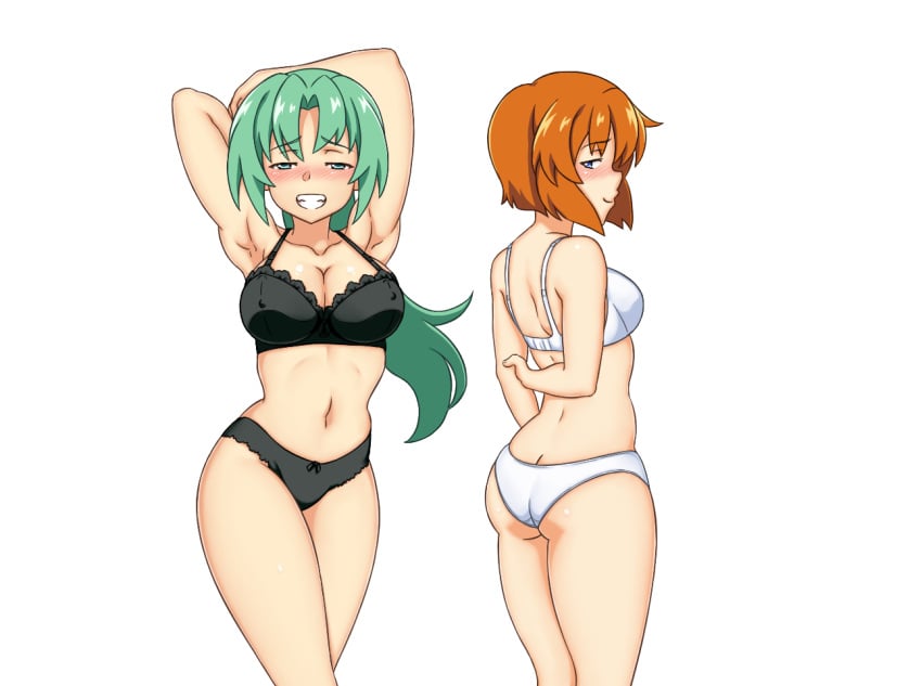 07th_expansion 2girls abridged-satoko ass big_breasts black_bra black_panties blue_eyes blush bra breasts busty cleavage green_eyes green_hair grin highres higurashi_no_naku_koro_ni large_breasts legs looking_at_viewer looking_back medium_breasts multiple_girls navel orange_hair panties ponytail pose ryuuguu_rena seductive_smile short_hair sideboob smile sonozaki_mion underwear underwear_only white_bra