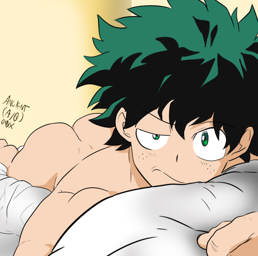 1boy 2022 ancient-onyx artist_signature ass bed bed_sheet bedroom bedroom_eyes boy butt freckles freckles_on_face gay green_hair human human_only in_bed izuku_midoriya light-skinned_male light_skin lying_down lying_on_bed lying_on_stomach male male_focus male_only my_hero_academia no_sex on_bed signature sleeping_nude sleepy solo solo_focus solo_male thick_ass tired tired_eyes waking_up