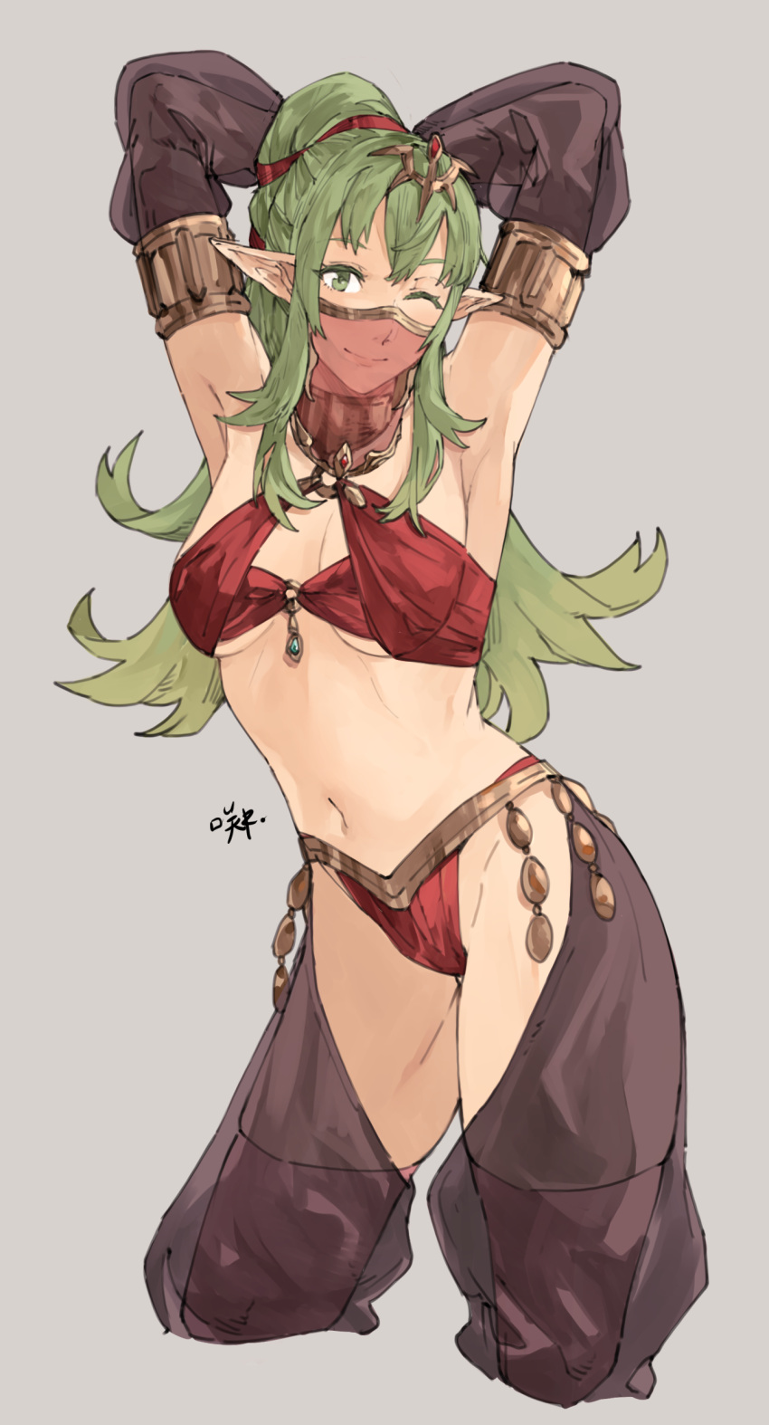 1girls ;) absurdres alternate_costume armpits arms_up bangs bare_shoulders bare_thighs breasts commentary_request cosplay cropped_legs dancer detached_sleeves female female_only fire_emblem fire_emblem_awakening fire_emblem_heroes green_eyes green_hair grey_background groin harem_pants headpiece highres inner_thighs long_hair looking_at_viewer medium_breasts midriff mouth_veil navel nintendo olivia_(fire_emblem)_(cosplay) one_eye_closed pants pointy_ears ponytail sakuremi see-through see-through_sleeves sidelocks simple_background smile solo standing stomach thighs tiki_(adult)_(fire_emblem) tiki_(fire_emblem) veil