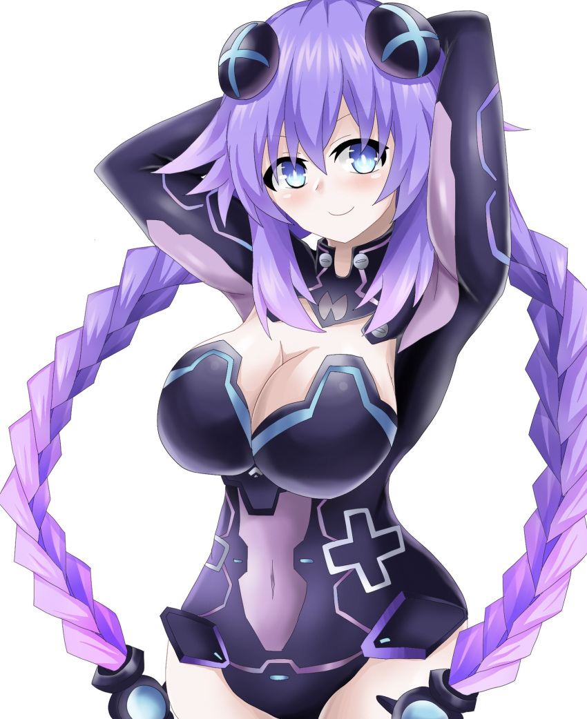 1girls arms_behind_head big_breasts blue_eyes blush bodysuit breasts busty cleavage covered_navel female female_only goddess highres large_breasts matrixjudge neptune_(neptunia) neptunia_(series) pose posing power_symbol power_symbol-shaped_pupils purple_hair purple_heart_(neptunia) sensual smile solo