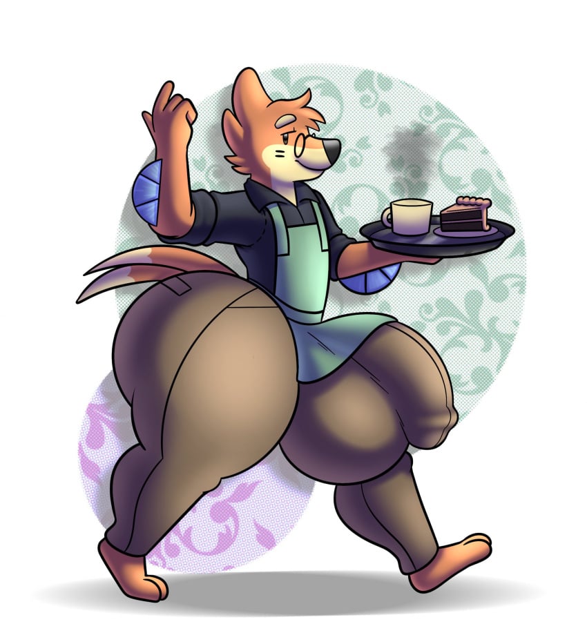 anthro apron ass balls balls_outline barista big_balls big_bulge big_butt big_penis black_clothing black_topwear bottomwear buizel bulge clothing colelucario dessert eyewear food genital_outline genitals glasses hi_res huge_balls huge_bulge huge_butt huge_cock hyper hyper_balls hyper_bulge hyper_genitalia hyper_penis male nintendo orange_body pants penis penis_outline pokémon_(species) pokemon rodrick_(colelucario) solo thick_thighs topwear video_games wide_hips