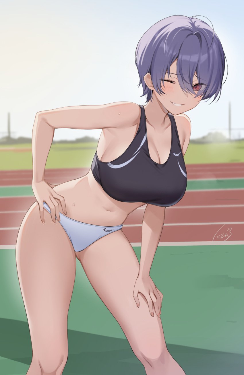 1girls ahoge armpits bare_arms bare_shoulders bent_over big_breasts black_sports_bra breasts buruma busty collarbone crop_top day grin hair_between_eyes hand_on_hip hand_on_own_thigh hand_on_thigh highres icomochi large_breasts looking_at_viewer midriff navel one_eye_closed original outdoors pose posing purple_hair red_eyes sensual short_hair sleeveless smile solo sports_bra standing stomach sweatdrop thighs track_and_field white_buruma