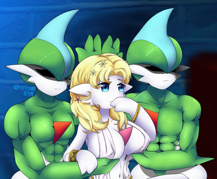 1girls 2boys abs blonde_hair blue_eyes bracelet covering_eyes dress enrique849 gallade gardevoir green_hair green_skin highres holding huge_breasts meme muscular muscular_male nintendo pokemon pokemon_(species) servants_holding_aphrodite's_breasts_(meme) smile three_fingers white_skin