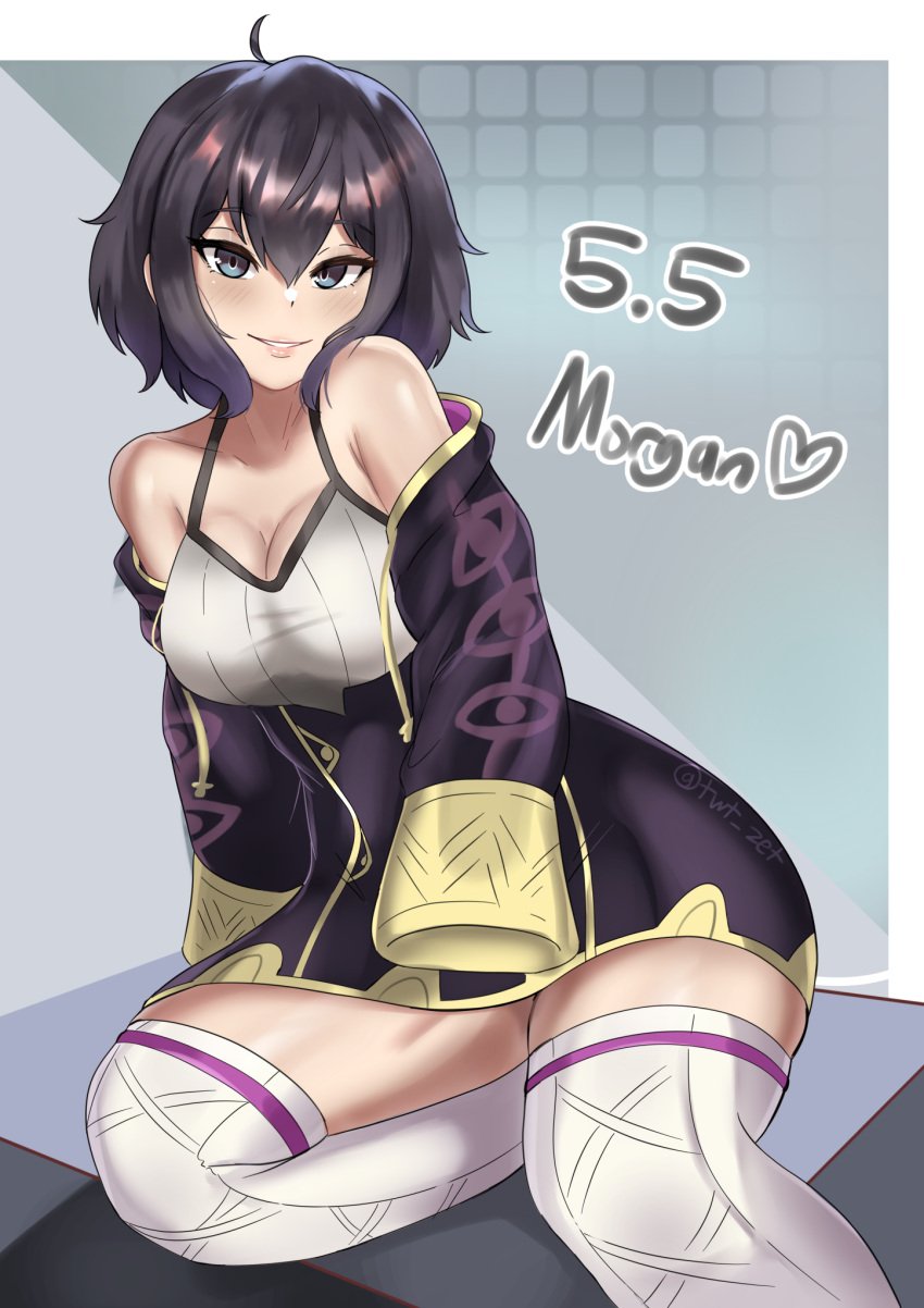 1girls bare_shoulders bare_thighs black_hair blue_eyes breasts female female_only fire_emblem fire_emblem_awakening happy_birthday large_breasts looking_at_viewer morgan_(fire_emblem) morgan_(fire_emblem)_(female) nintendo short_hair smile thighhighs thighs zet_(twt_zet)