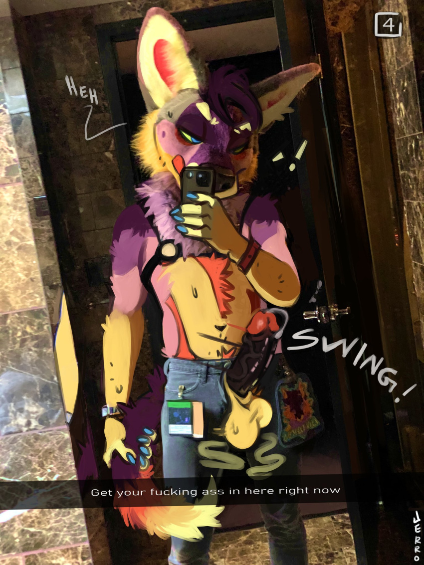 anthro bodily_fluids canid canine canis coyote genital_fluids harness hi_res inviting jerro male mammal paint_over precum presenting selfie smile smirk snapchat solo