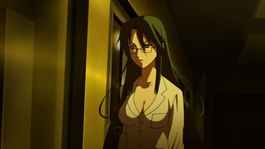 1girls asougi_rin big_breasts breasts busty cleavage female female_only fully_clothed glasses green_eyes green_hair hi_res labcoat large_breasts long_hair mature mature_female mature_woman mnemosyne no_bra screencap screenshot solo