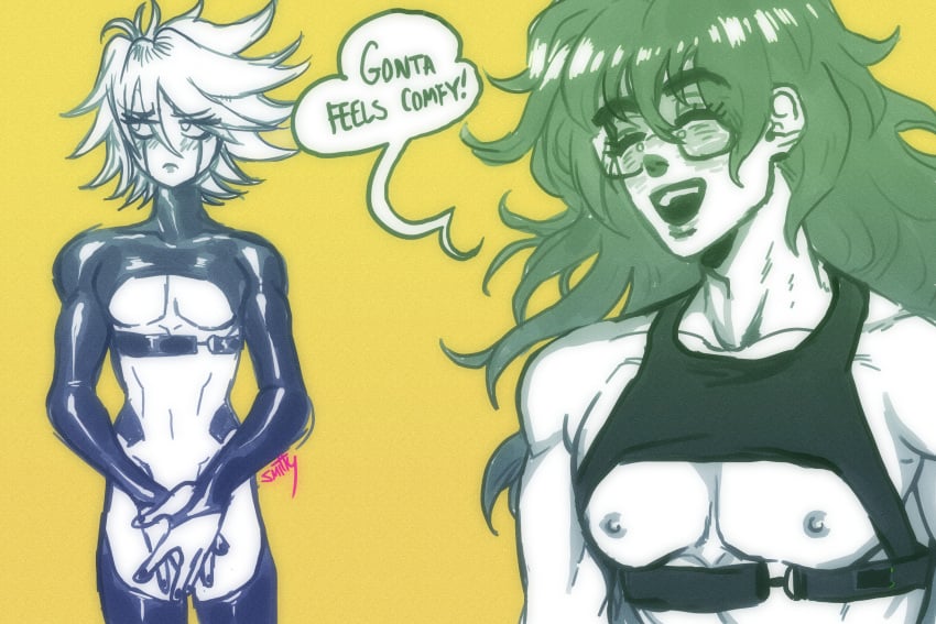 2boys blush closed_eyes covering covering_crotch danganronpa danganronpa_v3 english_text femboy gokuhara_gonta happy kiibo looking_away male male_only nail_polish nipples pecs ren_valentine robot robot_humanoid smile smooth_skin text toned