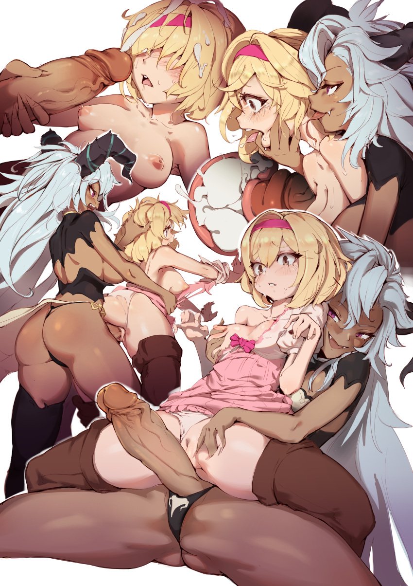 1futa 1girls absurdres against_wall ass big_breasts big_penis blonde_hair blush boots bottomless breast_grab breasts brown_footwear clothed clothing clothing_aside commentary cross_section cum cum_in_uterus cum_on_hair dark-skinned_futanari dark_skin djeeta_(granblue_fantasy) dragon_horns dress drooling duo ejaculation english_commentary erection face_grab fangs fediel_(granblue_fantasy) female finger_in_another's_mouth futa_on_female futa_sans_balls futa_with_female futanari grabbing grabbing_from_behind granblue_fantasy grey_hair groping hair_over_eyes hairband highres horns human imminent_penetration internal_cumshot large_penis light-skinned_female light_skin long_hair multiple_girls nipples open_mouth panties panties_aside parted_lips partially_clothed penguru_086 penis penis_awe pink_dress pink_hairband projectile_cum pussy ribbon sex sex_from_behind simple_background spread_legs sweat thigh_boots thigh_grab thighhighs tongue tongue_out torn_clothes torn_panties uncensored underwear white_background