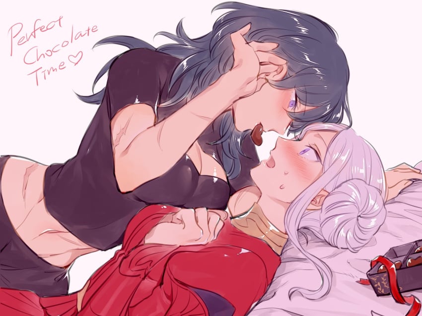 2girls assertive_female bed blue_eyes blush breasts byleth_(fire_emblem) byleth_(fire_emblem)_(female) chocolate cleavage closed_mouth commentary_request couple edelgard_von_hresvelg embarrassed female female_only fire_emblem fire_emblem:_three_houses hair_ornament hair_ribbon highres large_breasts long_hair long_sleeves mizuno_(iori-amu) multiple_girls navel nintendo open_mouth post-timeskip purple_eyes ribbon short_hair simple_background smile sweat white_hair yuri