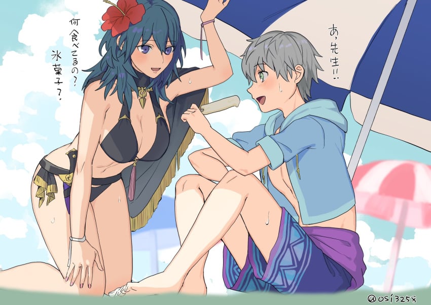 1boy 1girls age_difference alternate_costume arm_up ashe_ubert ashe_ubert_(summer) bare_legs beach bikini black_bikini black_swimsuit blue_eyes blue_hair breasts byleth_(fire_emblem) byleth_(fire_emblem)_(female) byleth_(summer)_(fire_emblem)_(female) choker dagger day female fire_emblem fire_emblem:_three_houses fire_emblem_heroes flower food green_eyes grey_hair hair_flower hair_ornament hand_on_own_thigh highres holding holding_food ice_cream jacket kneeling knife large_breasts male nintendo official_alternate_costume open_clothes open_jacket sweat sweatdrop swimsuit translated ushiomi weapon