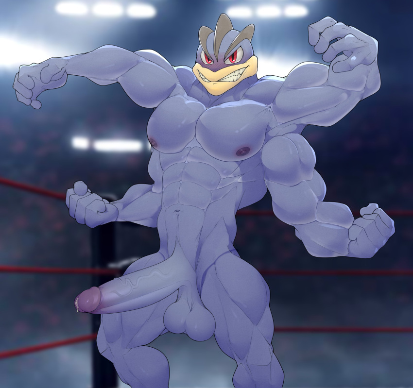 1boy anthro balls blush bodily_fluids deuzion erection gay genital_fluids genitals hi_res long_torso looking_at_viewer lykansden machamp male male_only multi_arm multi_limb muscular muscular_male nintendo nipples nude penis pokémon_(species) pokemon pokemon_(species) precum solo solo_male video_games