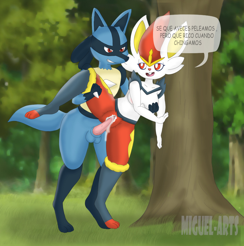 anthro anthro_penetrated anthro_penetrating_anthro cinderace dialogue female female_cinderace genitals interspecies lucario male male_lucario nintendo non-english_text penis pokemon pokemon_(species) pussy rabbit_ears sex spanish_text straight throbbing_penis