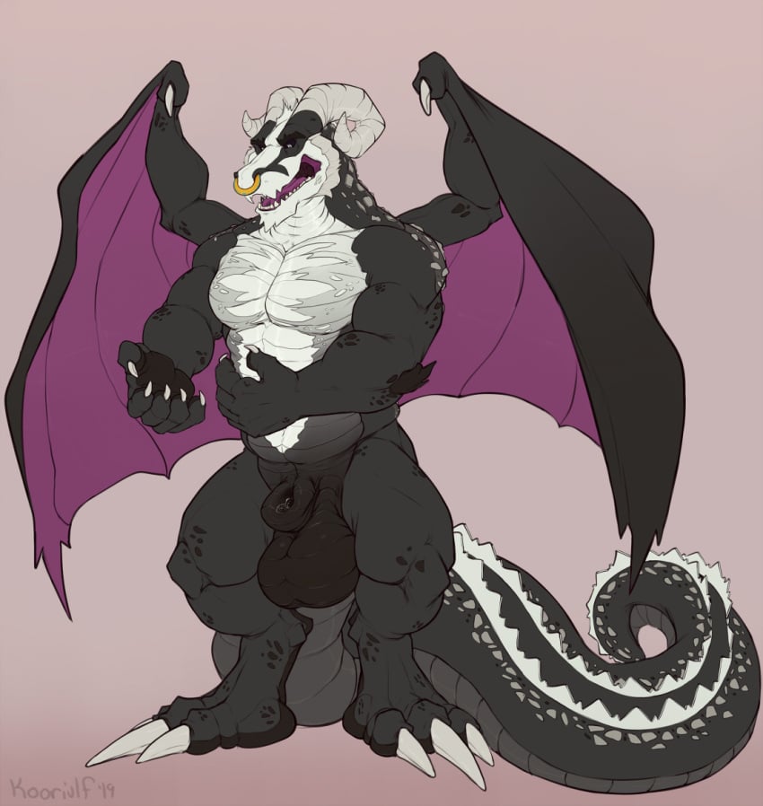 2019 after_transformation animal_genitalia balls bodily_fluids claws dragon facial_piercing fully_sheathed genital_fluids genitals horn koorivlf male mono_(badgeroo) muscular muscular_male nose_piercing nose_ring paws piercing precum scalie sheath surprise thick_tail wings