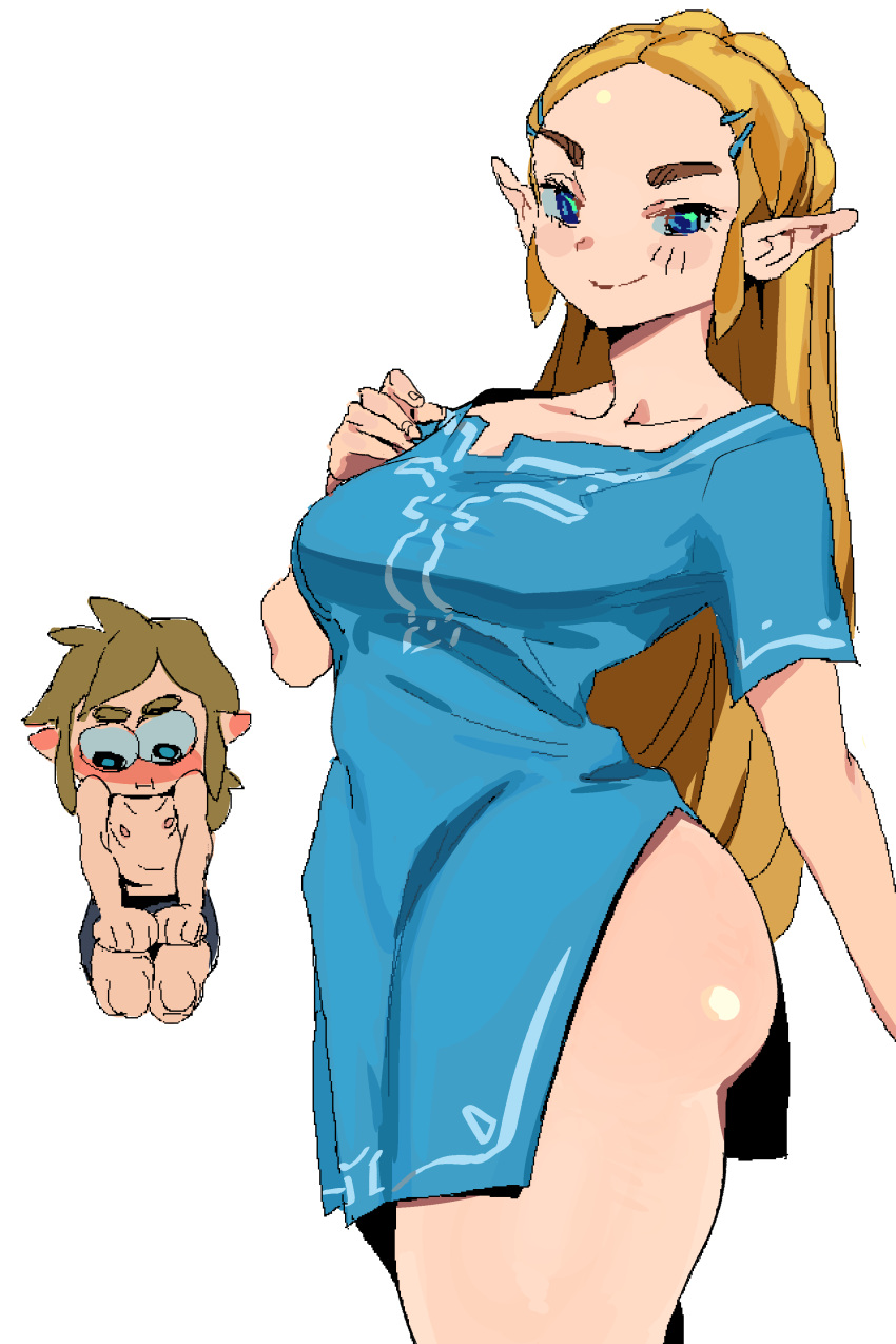 1boy 1girls 2022 absurd_res ass blonde_hair blue_eyes boyfriend’s_shirt breath_of_the_wild champion's_tunic crown_braid elf_ears female hairclips hi_res kneeling link link_(breath_of_the_wild) long_blonde_hair long_hair looking_at_viewer male nintendo pale_skin princess_zelda smile stolen_clothes the_legend_of_zelda the_legend_of_zelda:_breath_of_the_wild thick_thighs thighs white_background whoopsatro zelda_(breath_of_the_wild)