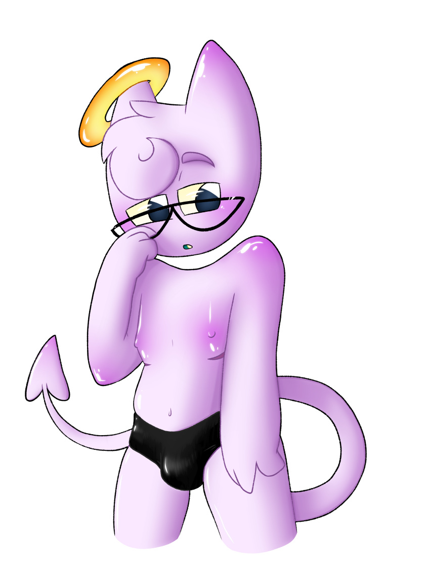 angel bare_chest black_underwear blue_eyes bulge bulge_through_clothing curly_hair demgel demon demon_ascended_(artist) dez_the_demgel_(demon_ascended) glasses halo male male_focus male_only mastectomy_scar nipples purple_body purple_skin spade_tail