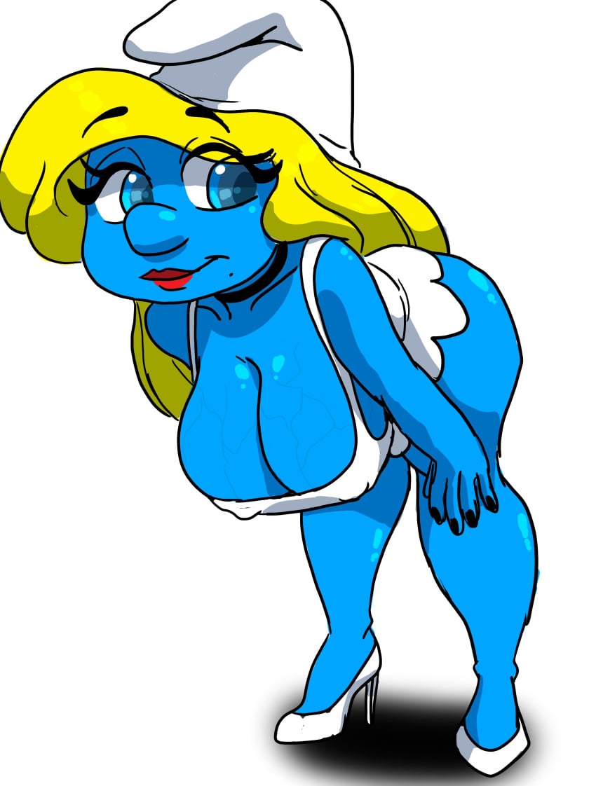 1girls bending_forward bent_over black_nail_polish blonde_hair blue_eyes blue_skin breasts cleavage female female_focus female_only hanna-barbera high_heels lips nipples_visible_through_clothing peyo_(copyright) red_lipstick seanmalikdesigns simple_background simple_shading smurf smurfette the_smurfs veiny_breasts white_dress white_hat