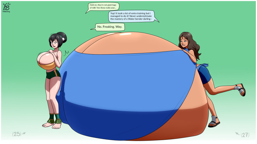 2girls avatar_the_last_airbender big_breasts breast_expansion breasts clothing dark-skinned_female dark_skin female gigantic_breasts huge_breasts hyper_breasts katara large_breasts shorts toph_bei_fong ydbunny