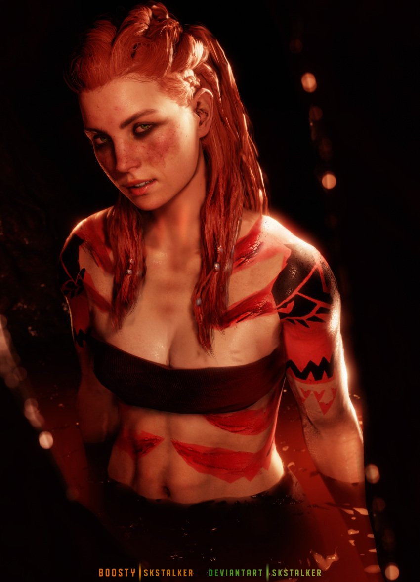 1girls 3d absurd_res aloy bare_shoulders bodypaint bra braided_hair cleavage eyeshadow female female_focus female_only freckles green_eyes hair_beads horizon_forbidden_west horizon_zero_dawn in_water long_hair looking_at_viewer muscular_female paint red_hair shiny_skin skstalker small_breasts solo solo_female solo_focus sony_interactive_entertainment upper_body wet_skin