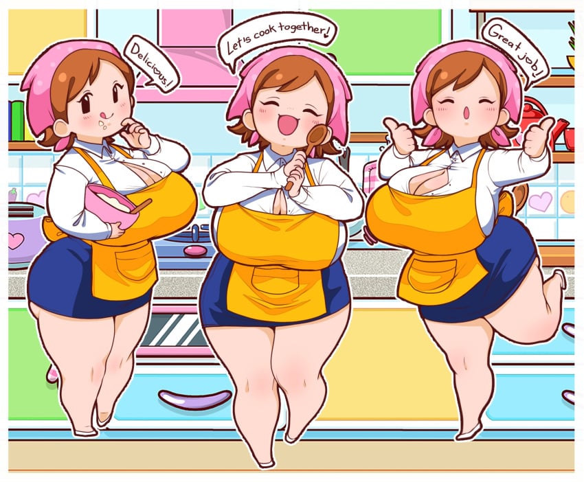 1girls adorable apron batter blush blushing bowl brown_hair chubby cleavage cooking_mama curvy cute drawer english_text eyebrows eyelashes food happy headkerchief holding_object huge_breasts kitchen light_skin looking_at_viewer mama_(cooking_mama) mob_face mommy_kink niucniuc one_leg_up oven plant pose posing praise shirt shortstack sink skirt smile smiling speech_bubble spoon tea_cup tea_pot text text_bubble thick_ass thick_thighs thumbs_up tight_clothing toaster tongue unbuttoned_shirt wholesome wide_hips