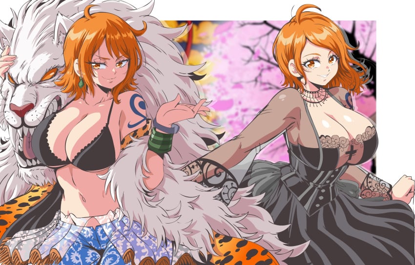 1girls big_breasts black_dress blurry_background bra breasts brown_eyes cherry_blossoms cleavage curvy dress ear_piercing female female_only fur huge_breasts leopard_print lewdamone light_skin lion multiple_outfits nami navel one_piece orange_hair pants pre-timeskip shiny_skin short_hair shoulder_tattoo shounen_jump smile solo tattoo thick transparent_clothing voluptuous white_lion