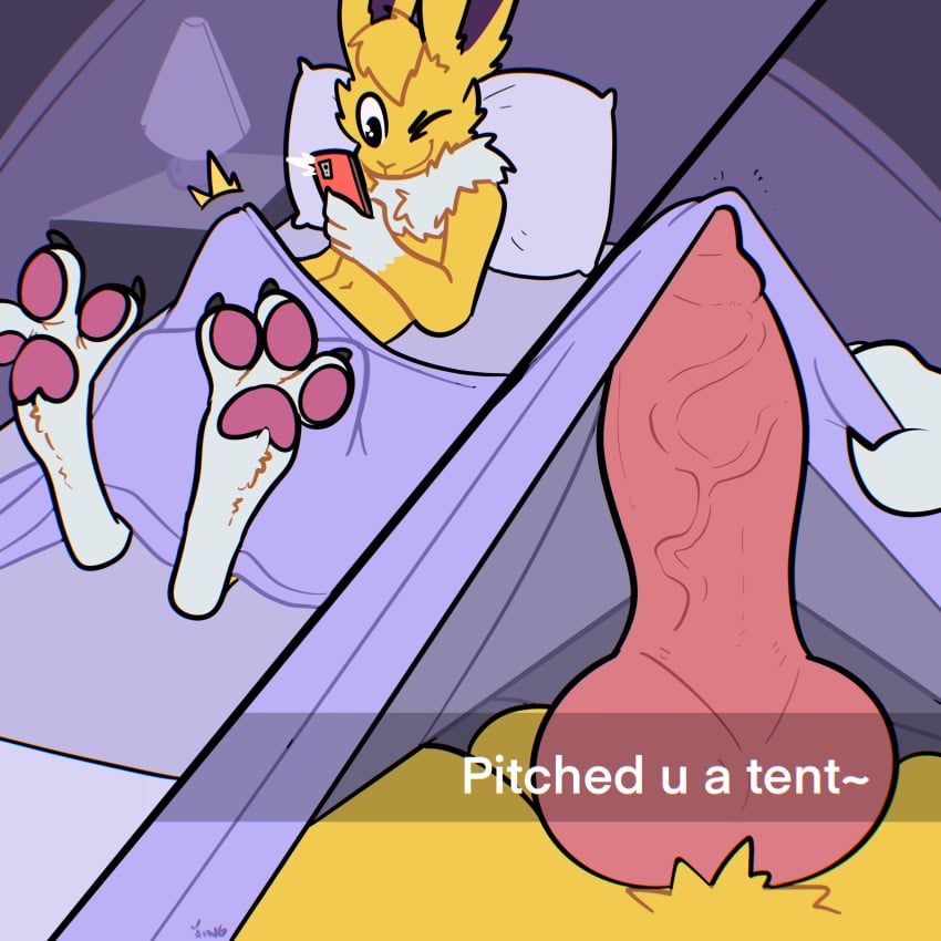 3_toes absurd_res animal_genitalia animal_penis anthro bedroom canine_penis cellphone cheek_tuft dick_pic ear_tuft eeveelution erection facial_tuft feet fur genitals hi_res jolteon knot lying male male_only neck_tuft nintendo nude on_back one_eye_closed pawpads paws penis phone pink_pawpads pitching_a_tent pokémon_(species) pokemon smartphone smile smirk smug smug_face smug_grin snapchat solo solo_male spread_legs spread_toes spreading the_xing1 toes tuft vein veiny_penis video_games white_body white_fur wink yellow_body yellow_fur