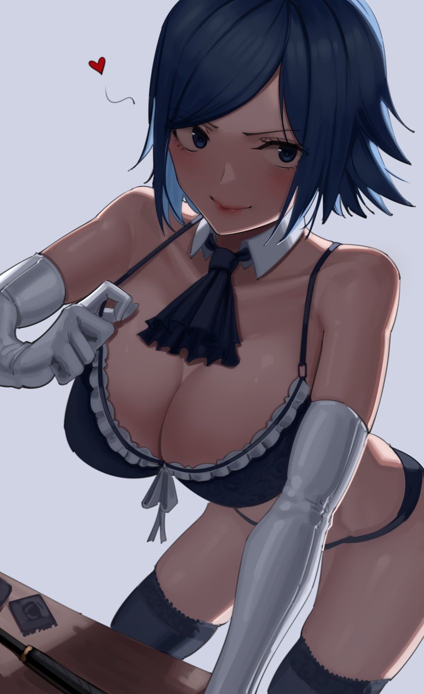 1girls absurd_res ascot bare_shoulders black_ascot black_bra black_legwear black_underwear blue_eyes blue_hair blush bra breasts cleavage clothing detached_collar elbow_gloves elisabeth_blanctorche female gloves grey_background harris_hero heart hi_res king_of_fighters large_breasts legwear looking_at_viewer short_hair simple_background smile solo thighhighs thighs underwear white_gloves