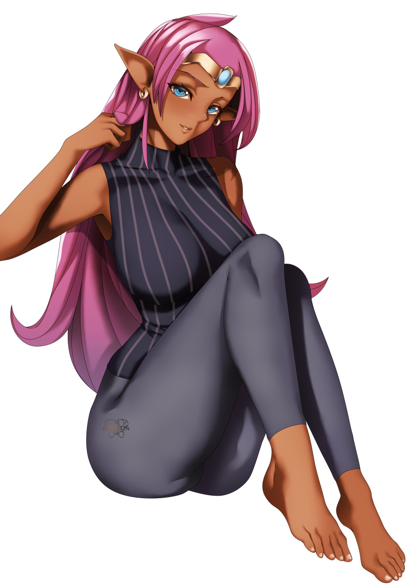 1girls artist_name bare_arms barefoot black_sweater blue_eyes breasts brown_skin cameltoe dark-skinned_female dark_skin denim earrings feet female female_only forehead_jewel hair_down harstfazn highres jeans jewelry large_breasts long_hair looking_at_viewer pants pointy_ears purple_hair ribbed_sweater shantae shantae_(character) simple_background sitting smile smooth_skin solo sweater tan_skin tiara toes turtleneck turtleneck_sweater very_long_hair white_background