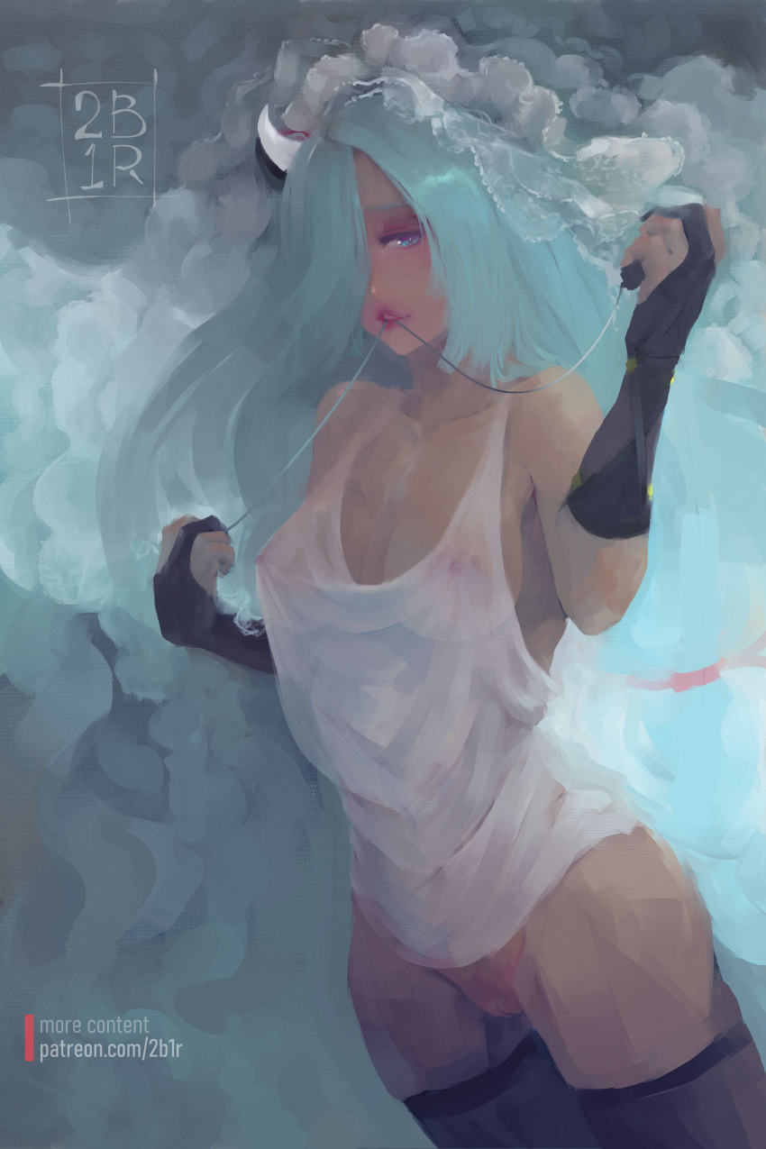 2bells1ravine blue_hair breasts genshin_impact gloves hair_over_one_eye horny nipples no_panties one_eye_obstructed painting_(artwork) pussy see-through_clothing see_through shenhe_(genshin_impact) thighhighs white_shirt