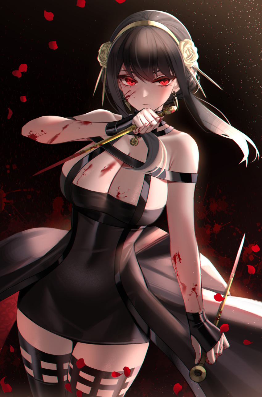 1girls assassin bangs black_dress black_gloves black_hair black_legwear blood breasts cleavage dagger dark_background dress dual_wielding earrings eternity_(shadeh) expressionless falling_petals female female_only fingerless_gloves gloves gold_earrings hair_ornament hairband hand_up highres holding_weapon jewelry large_breasts light_particles looking_at_viewer petals red_eyes rose_petals solo spy_x_family stiletto_(weapon) thighhighs thorn_princess weapon yor_briar zettai_ryouiki