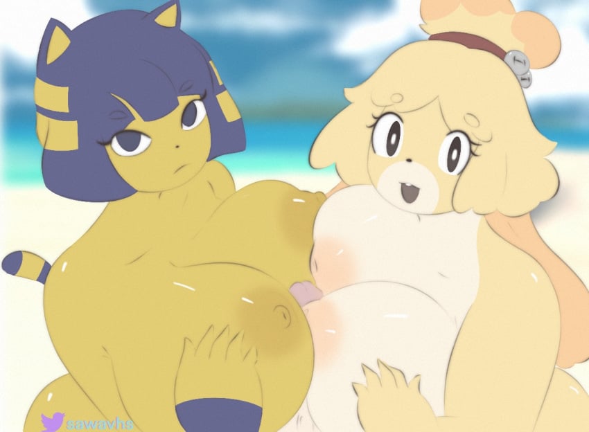 2022 2girls animal_crossing ankha ankha_(animal_crossing) anthro boobjob breasts canine cat_ears cat_tail catgirl dog_girl double_boobjob double_paizuri furry huge_breasts huge_nipples inverted_nipples isabelle_(animal_crossing) kemono looking_at_viewer looking_pleasured mochagato nintendo nipples outside paizuri puffy_nipples sawavhs smile smiling smiling_at_viewer titfuck titjob unknown_male