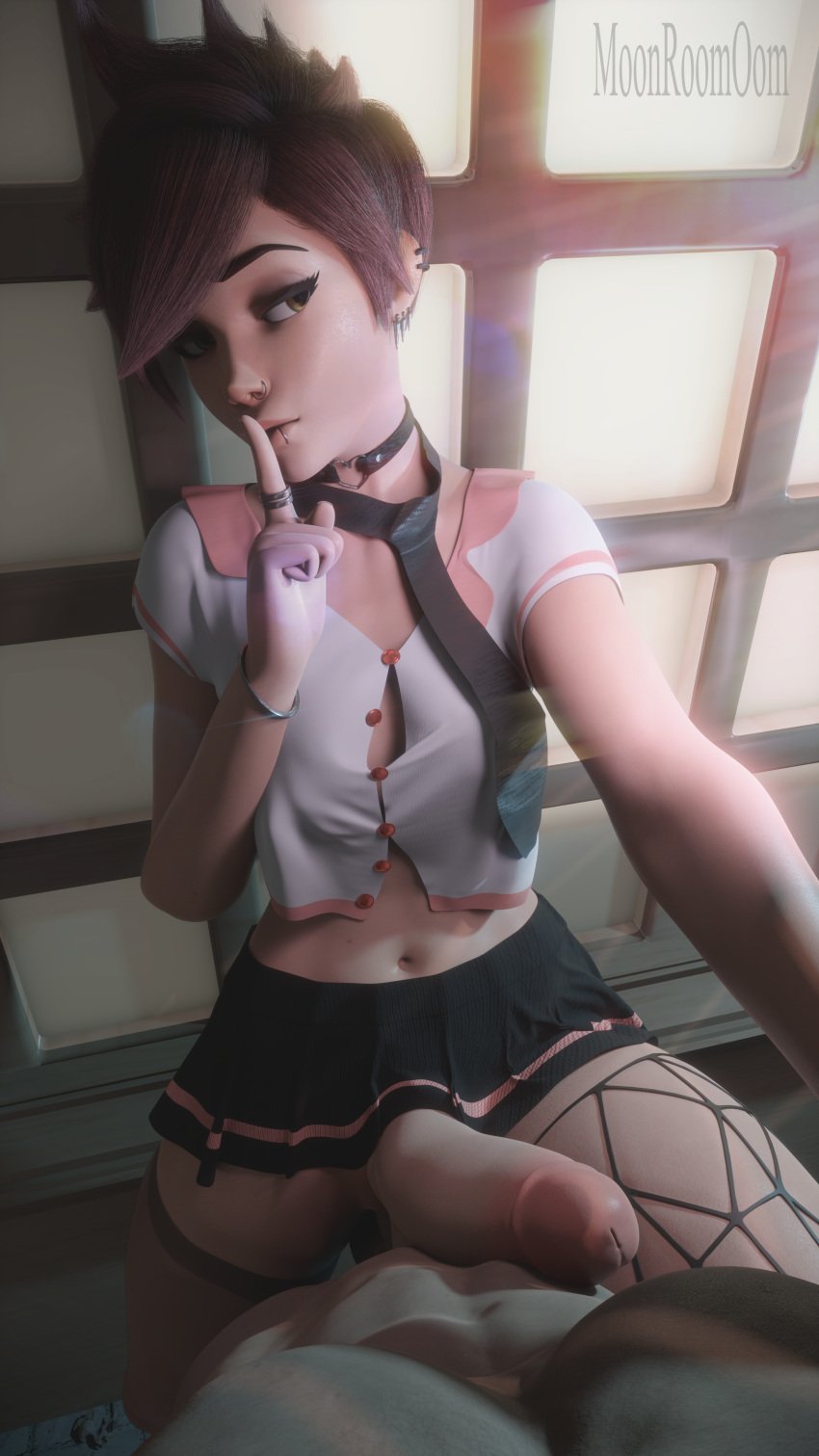 3d 3d_(artwork) athletic_futanari belly_button blender blizzard_entertainment brown_eyes brown_hair choker earrings fishnet fishnets futa_focus futanari human light-skinned_male male_on_futa male_pov moonroomoom overwatch pov public ring school_uniform schoolgirl skirt skirt_up thighs tie tracer