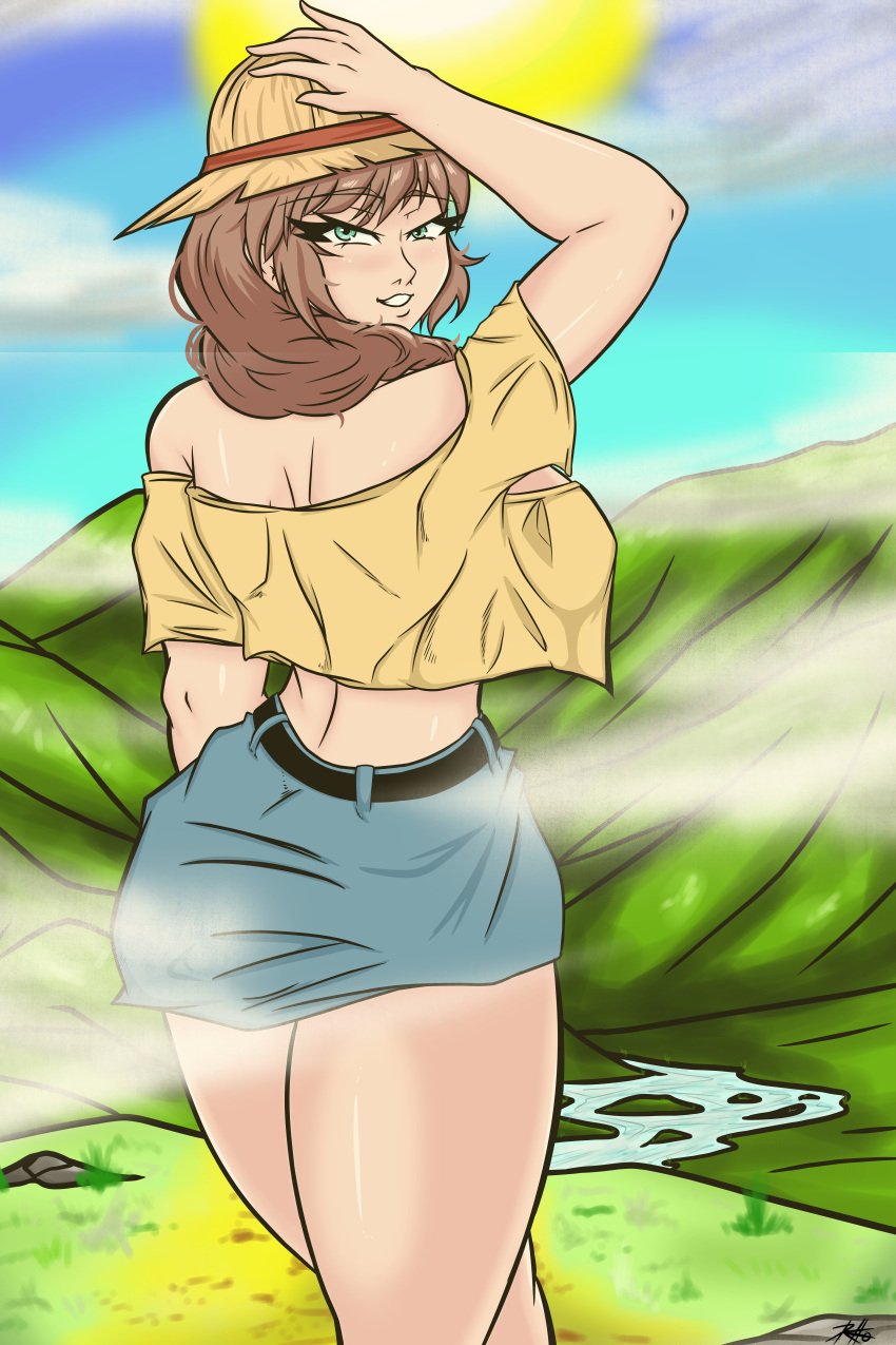 brown_hair dojo_chan female green_eyes reddokun thick_thighs