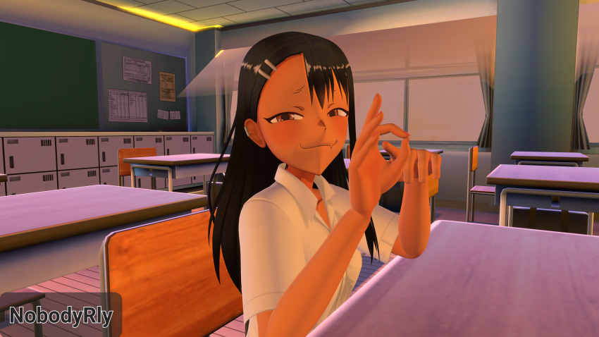 1girls 3d black_hair blush brown_eyes clothed clothing female_focus female_only hayase_nagatoro long_hair looking_at_viewer nobodyrly_(artist) please_don't_bully_me,_nagatoro public school sex_gesture sfm sitting smile solo suggestive_gesture suggestive_look tan tanned watermark