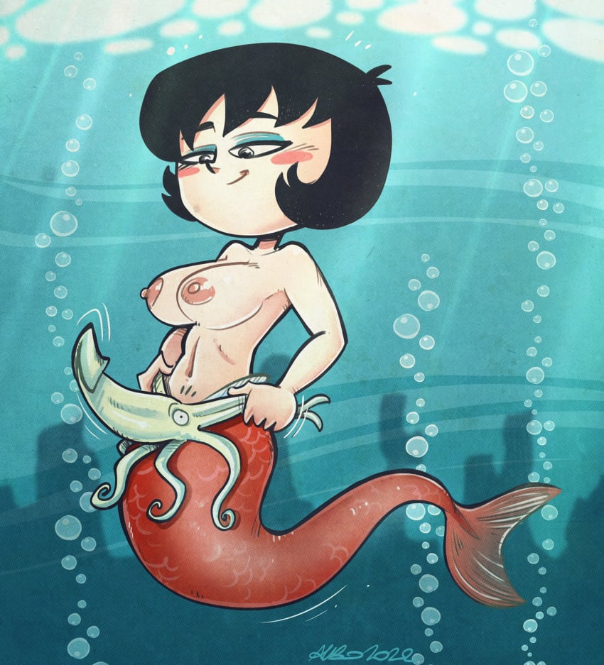 1girls 2022 albo artist_name black_hair bubbles casual female jucika large_breasts living_sex_toy living_strapon looking_down mermaid pale_skin short_hair solo squid strap-on topless underwater