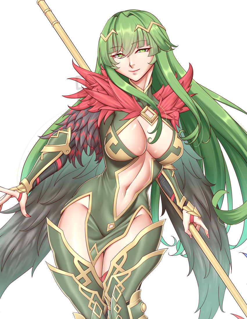 1girls absurdres alternate_costume alternate_version_available bare_thighs boots breasts center_opening cleavage cleavage_cutout cleru_(cleruuuuu) clothing_cutout cowboy_shot crown english_commentary feather_trim female female_only fire_emblem fire_emblem_echoes:_shadows_of_valentia green_eyes green_hair groin harrier_(fire_emblem) highres holding holding_polearm holding_weapon large_breasts long_hair long_sleeves looking_at_viewer navel nintendo no_panties palla_(fire_emblem) polearm red_legwear red_nails revealing_clothes simple_background smile solo thigh_boots thighhighs thighs toned very_long_hair weapon white_background