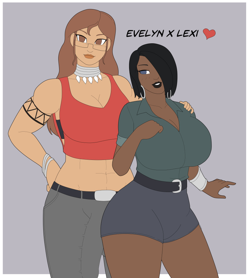 1futa 1girls abs athorment athorment_oc big_breasts black_hair black_lipstick brown_hair bulge bulge_through_clothing cameltail cleavage clothed clothing dark-skinned_futanari dark_skin duo evelyn_(athorment) evelyn_(athorment)_(futa) evelyn_mirage_(athorment) female fully_clothed futanari glasses latina latina_futa lexi_(sarahxoxo) lipstick short_hair standing tagme wide_hips