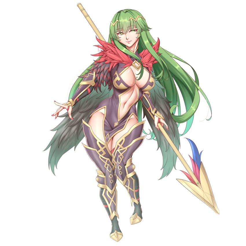 1girls absurdres alternate_costume alternate_version_available bare_thighs boots breasts center_opening cleavage cleavage_cutout cleru_(cleruuuuu) clothing_cutout cowboy_shot crown english_commentary feather_trim female female_only fire_emblem fire_emblem_echoes:_shadows_of_valentia full_body green_eyes green_hair groin harrier_(fire_emblem) highres holding holding_polearm holding_weapon large_breasts long_hair long_sleeves looking_at_viewer navel nintendo no_panties palla_(fire_emblem) polearm red_legwear red_nails revealing_clothes simple_background smile solo spear thigh_boots thighhighs thighs toned very_long_hair weapon white_background