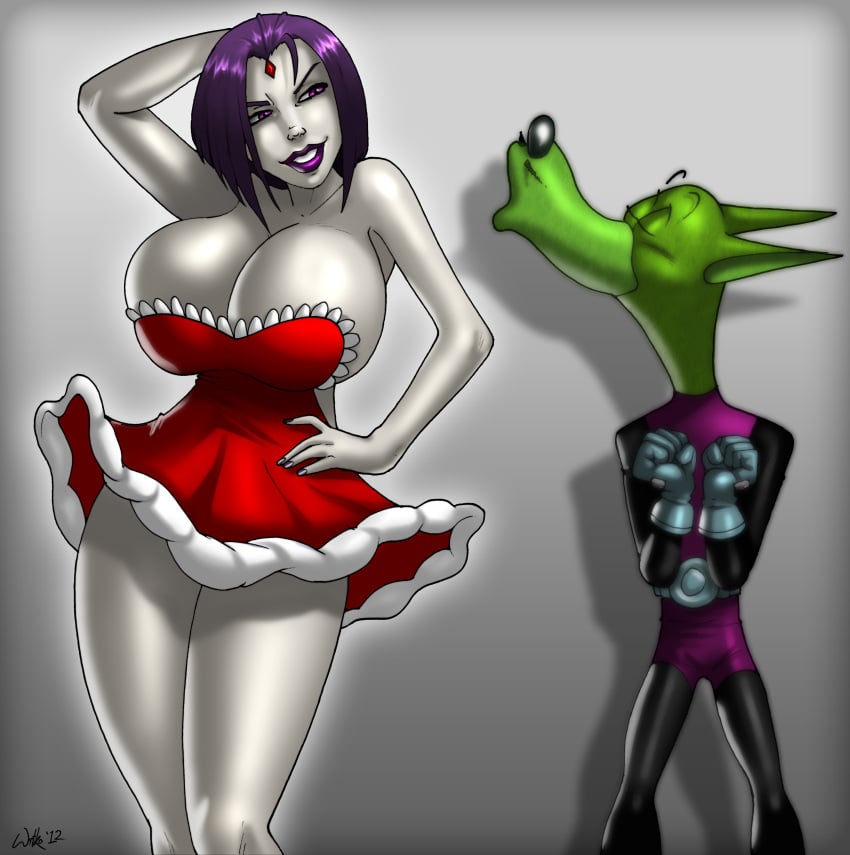 1boy 1girls 2012 absurd_res artist_name beast_boy belt big_breasts bodysuit breasts cartoon_network cleavage curvy curvy_body curvy_female curvy_figure dc dc_comics digital_media_(artwork) dress duo female fingers forehead_jewel green_body green_skin grey_background grey_body grey_skin hand_behind_head hand_on_hip hand_on_own_hip hi_res lips male pink_eyes purple_hair rachel_roth raven_(dc) short_hair signature simple_background skimpy skimpy_dress smile standing teen_titans teeth toonami voluptuous wilko