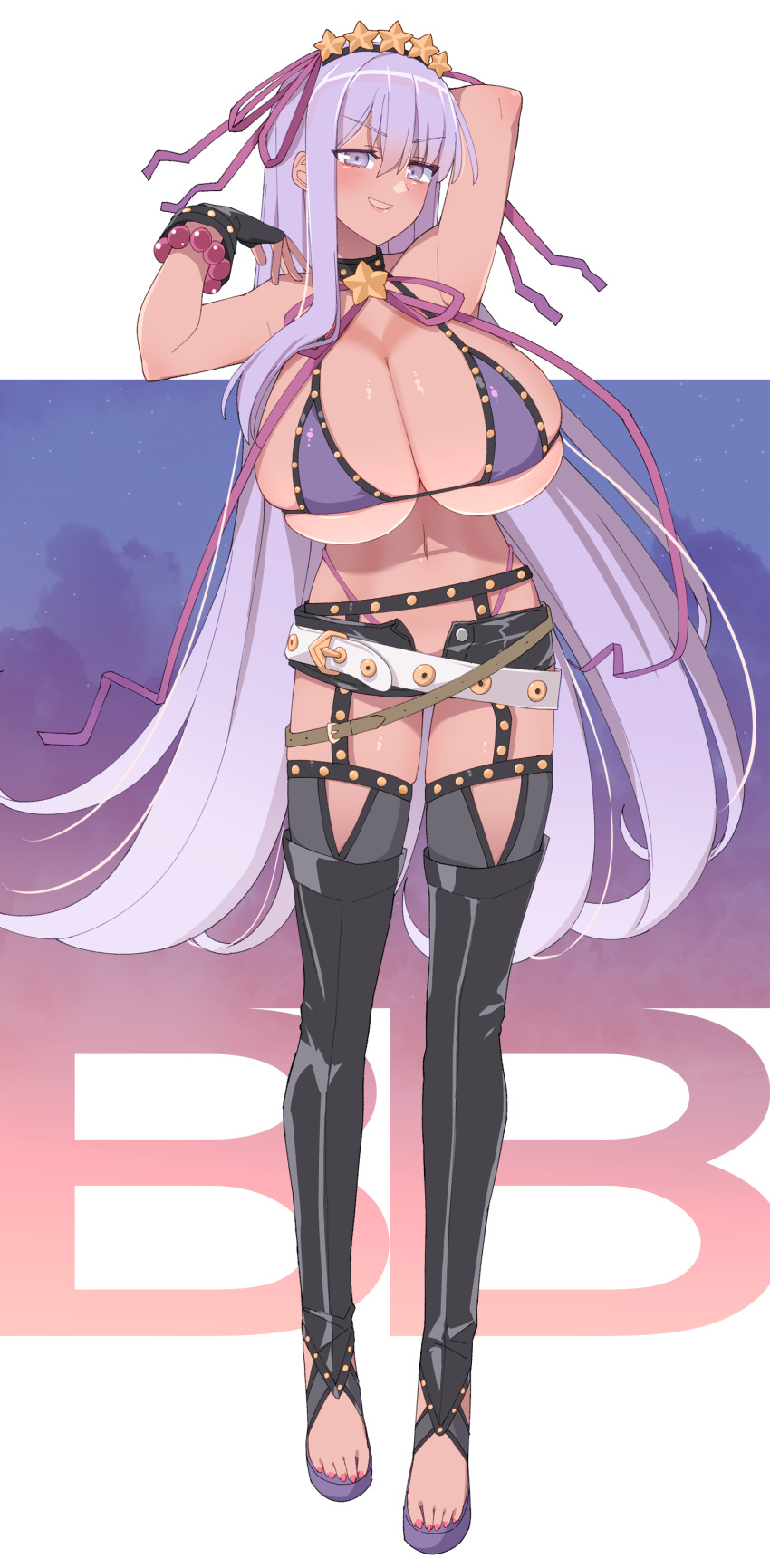 absurdres akitokage armpits arms_behind_head arms_up bangs bare_shoulders bb_(fate) bb_(swimsuit_mooncancer)_(fate) bead_bracelet beads belt bikini black_garter_belt black_gloves black_legwear black_shorts blush bracelet breasts character_name cleavage collarbone dark-skinned_female dark_skin fate/grand_order fate_(series) female fingerless_gloves full_body gigantic_breasts gloves hair_ornament hair_ribbon hairband highres jewelry long_hair looking_at_viewer loose_belt micro_shorts navel neck_ribbon open_mouth purple_bikini purple_eyes purple_hair ribbon shorts skindentation smile star_(symbol) star_hair_ornament studded_garter_belt swimsuit tan thighhighs thighs very_long_hair white_belt