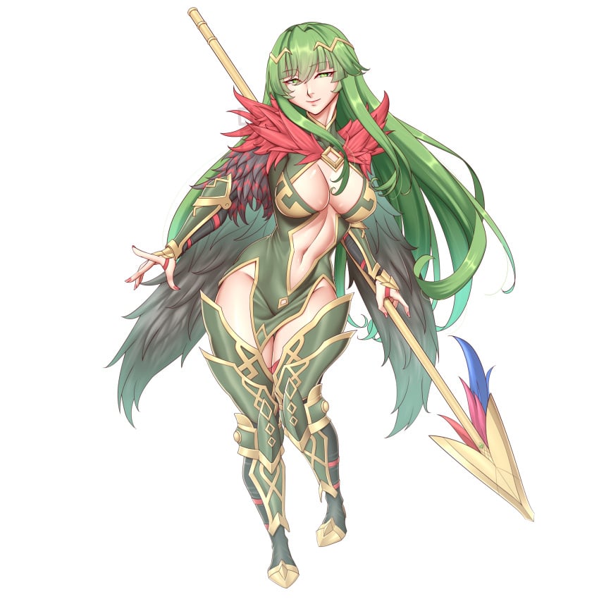 1girls absurdres alternate_costume alternate_version_available bare_thighs boots breasts center_opening cleavage cleavage_cutout cleru_(cleruuuuu) clothing_cutout cowboy_shot crown english_commentary feather_trim female female_only fire_emblem fire_emblem_echoes:_shadows_of_valentia full_body green_eyes green_hair groin harrier_(fire_emblem) highres holding holding_polearm holding_weapon large_breasts long_hair long_sleeves looking_at_viewer navel nintendo no_panties palla_(fire_emblem) polearm red_legwear red_nails revealing_clothes simple_background smile solo spear thigh_boots thighhighs thighs toned very_long_hair weapon white_background