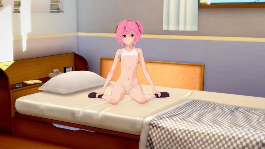 1girls 3d breasts doki_doki_literature_club female female_only koikatsu looking_at_viewer natsuki_(doki_doki_literature_club) on_bed quarantine69 solo