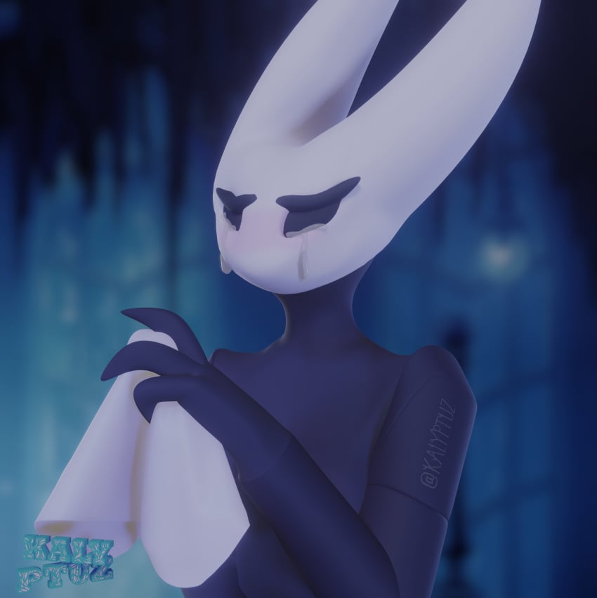 1girls 3d 4_fingers absurd_res black_body blurry_background bust_portrait crying empty_eyes female female_only hi_res holding holding_object hollow_knight horn hornet_(hollow_knight) horns insect insect_girl insects kalyptuz naked no_mouth nude sad solo tagme tears watermark