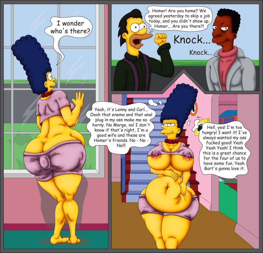 1girls 2boys anal ass_cleavage belly belly_inflation big_ass big_belly big_breasts butt_crack buttplug bynshy carl_carlson chubby chubby_female dark-skinned_male enema female lenny_leonard male marge_simpson sex_toy the_simpsons