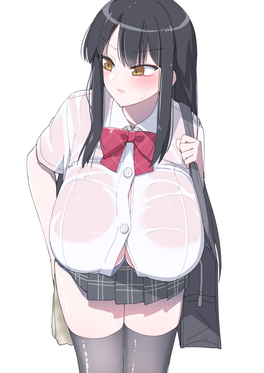 akitokage bag bangs black_bag black_hair black_legwear black_skirt blush bow bowtie breasts bright_pupils bursting_breasts button_gap cleavage collared_shirt cowboy_shot eyebrows_visible_through_hair female hand_up highres holding holding_strap holding_towel huge_breasts long_hair original parted_lips pink_lips plaid plaid_bow plaid_bowtie plaid_skirt pleated_skirt red_bow red_bowtie school_bag see-through_shirt shirt short_sleeves sidelocks simple_background skirt solo standing straight_hair sweatdrop teeth thighhighs towel very_long_hair wet wet_clothes wet_shirt white_background white_shirt wince yellow_eyes zettai_ryouiki