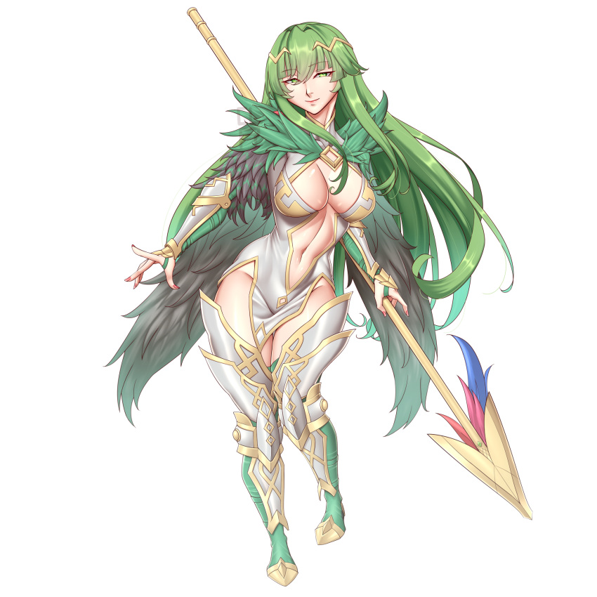 1girls absurdres alternate_costume alternate_version_available bare_thighs boots breasts center_opening cleavage cleavage_cutout cleru_(cleruuuuu) clothing_cutout cowboy_shot crown english_commentary feather_trim female female_only fire_emblem fire_emblem_echoes:_shadows_of_valentia full_body green_eyes green_hair groin harrier_(fire_emblem) highres holding holding_polearm holding_weapon large_breasts long_hair long_sleeves looking_at_viewer navel nintendo no_panties palla_(fire_emblem) polearm red_legwear red_nails revealing_clothes simple_background smile solo spear thigh_boots thighhighs thighs toned very_long_hair weapon white_background