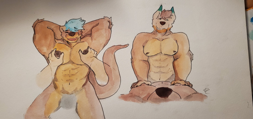 abs barazoku canid canine canis grope hi_res invalid_tag lutrine male male/male mammal muscular mustelid nipples scrap wolf