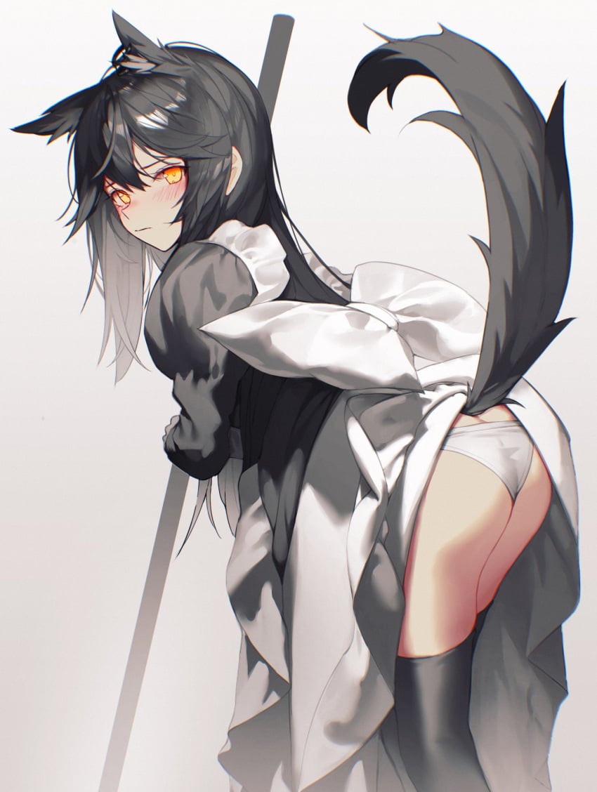 alternate_costume animal_ear_fluff animal_ears arknights ass ass_cleavage black_dress black_legwear blush bow butt_crack dress enmaided extra_ears female from_behind grey_background highres holding holding_stick leaning_forward long_hair looking_at_viewer looking_back maid panties pantyhose sidelocks simple_background solo stick tail texas_(arknights) thighhighs underwear veilrain white_bow white_panties wolf_ears wolf_girl wolf_tail yellow_eyes