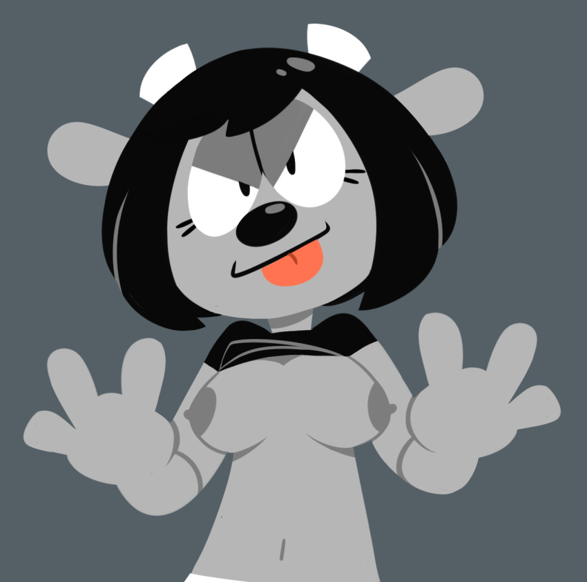 anthro black_hair clothing desperadiation erect_nipples eyelashes female furry grey_fur horns large_breasts no_bra parappa_the_rapper rammy_lamb sony sony_corporation sony_interactive_entertainment tongue_out um_jammer_lammy