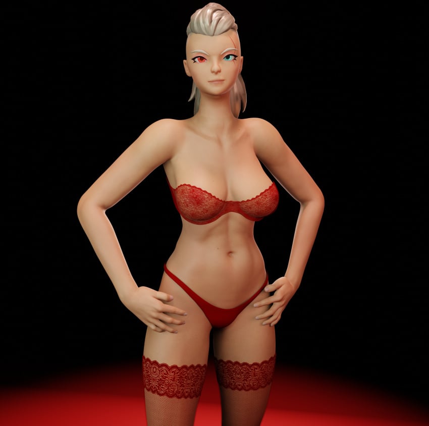 blonde_female fortnite lingerie nipples_visible_through_clothing red_and_blue_eyes red_lingerie southpaw_(fortnite) tagme thick_thighs thin_neck tits