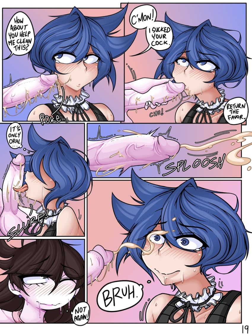 ahoykoi blowjob blue_hair brown_hair comic cum cum_on_face cumshot daidus dialogue duplicate fellatio femboy fingernails futa_on_femboy futa_on_male futa_with_male futanari jaiden jaiden_animations jaidenanimations koianimations licking licking_penis penis premature_ejaculation quick_shot tagme text thought_bubble veiny_penis youtube